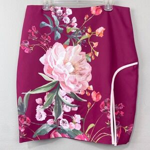 Ted Baker Serenity Wrap Pencil Skirt Size 12 Magenta Berry Floral Glam Side Slit